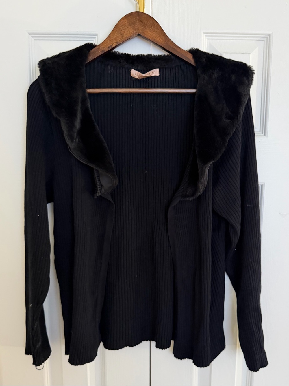 Black Faux-Fur Trim Ribbed Open-Front Women’s Sweater